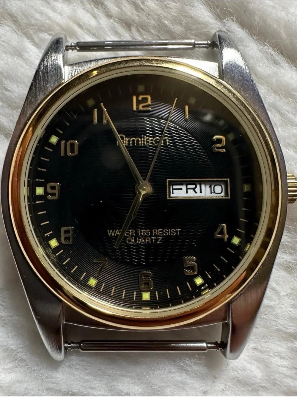 Vintage Armitron Black and Gold Men's Analog Quartz Watch with Day-Date